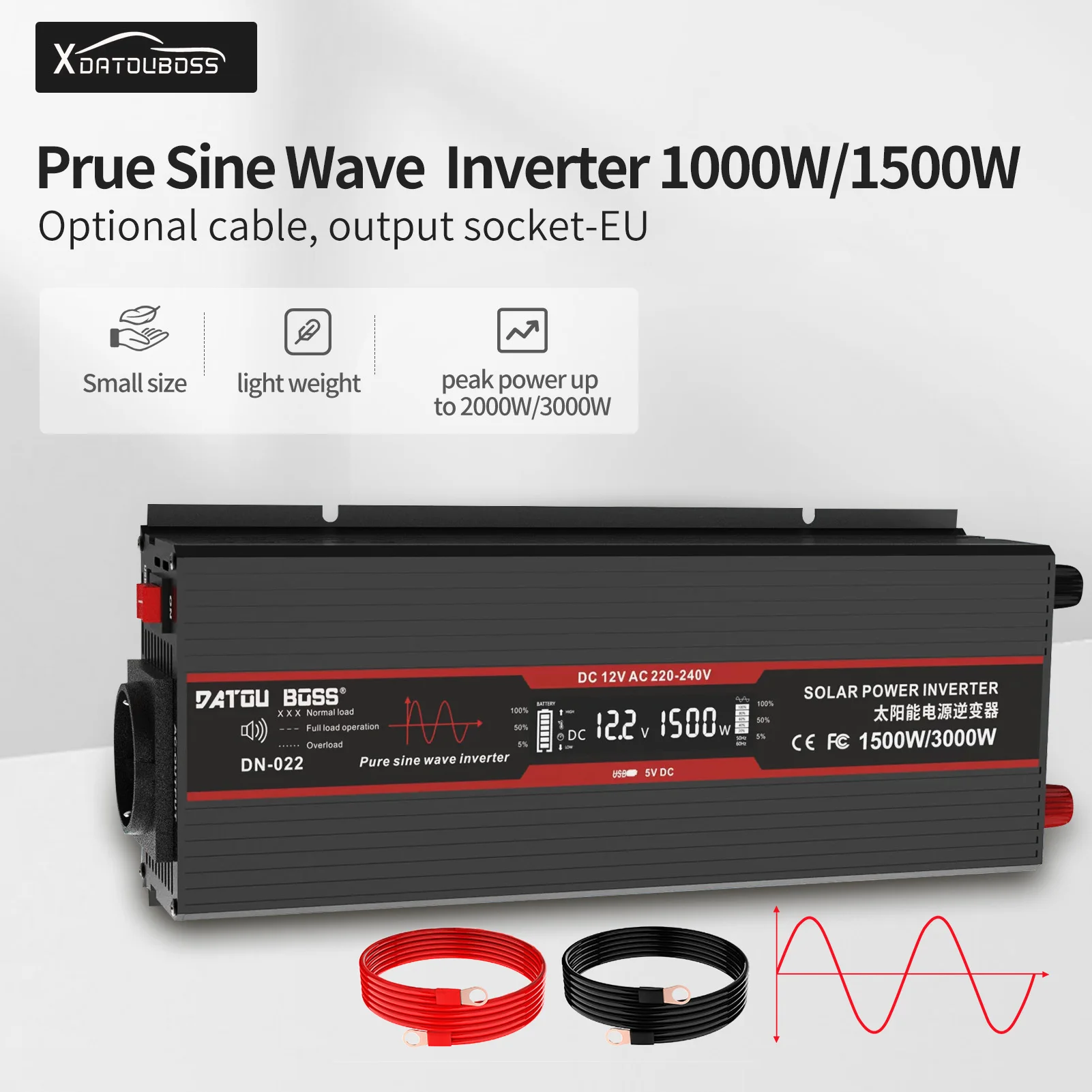 DATOU Inverter 12v to 230v Pure Sine Wave Converter 220v to 12v 1500W 3000W Peak Power LCD Sreen USB Interface Use for Cars