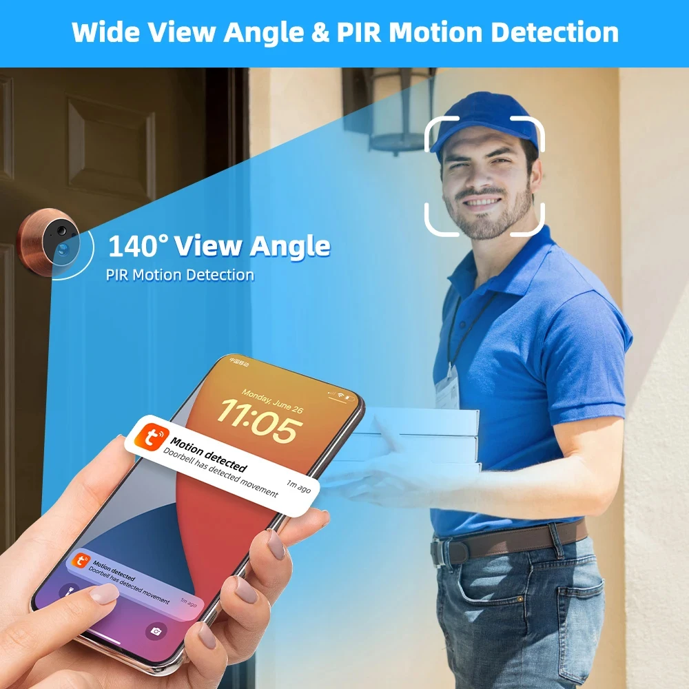 Tuya Smart 3MP 140° Wide View Angle Mini Digital Peephole Eye Viewer WiFi IR PIR Detection Doorbell Door Eye Camera APP Control