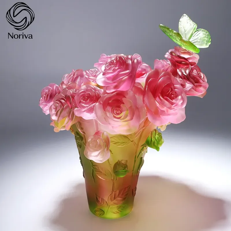 Liuli Artistic Crystal Vase Lost Wax Casting Technique Floral Pattern Relief Carving Fashion Trend Shape Living Room Home