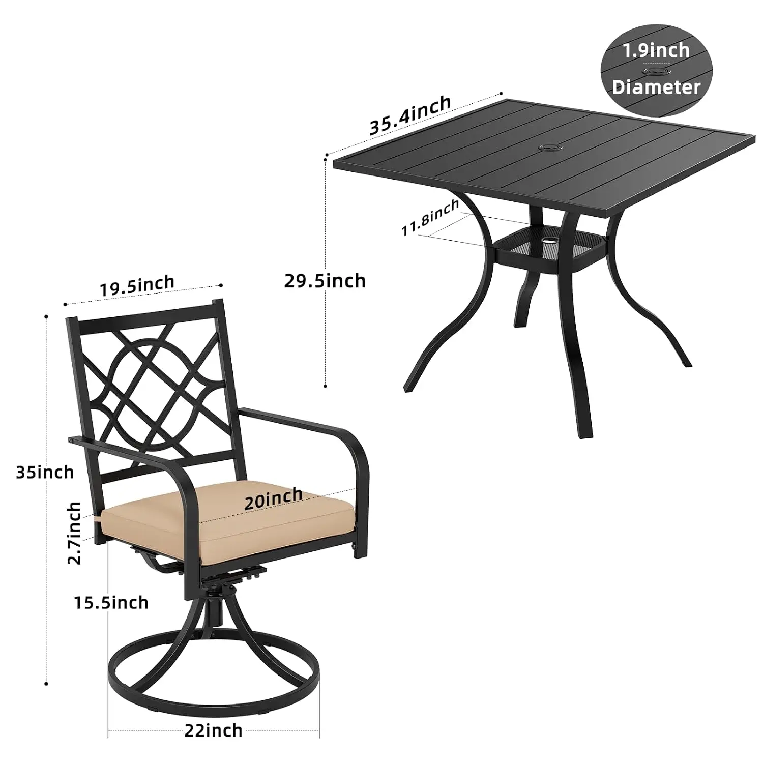 5 Piece Metal Patio Dining Set, Square Table with Umbrella Hole & 4 Swivel Chairs for Garden Lawn Yard, Customized