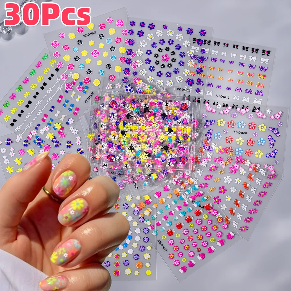 30Pcs/Set Colorful Flowers 3D Nail Art Stickers Cute Rose/Heart/Star/Bow Self-Adhesive Slider Simple 6.5*5cm DIY Manicure Decals