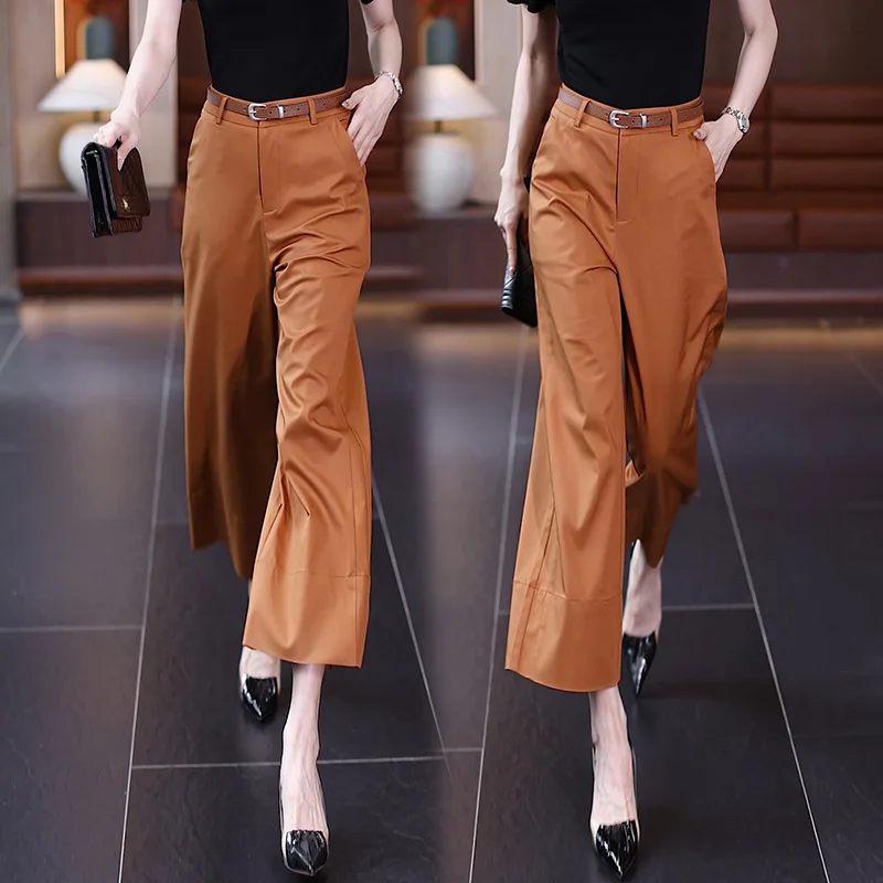 سراويل نسائية قطنية صيفية متعددة الاستخدامات فضفاضة ثنيات مستقيمة الساق سراويل غير رسمية تسع نقاط