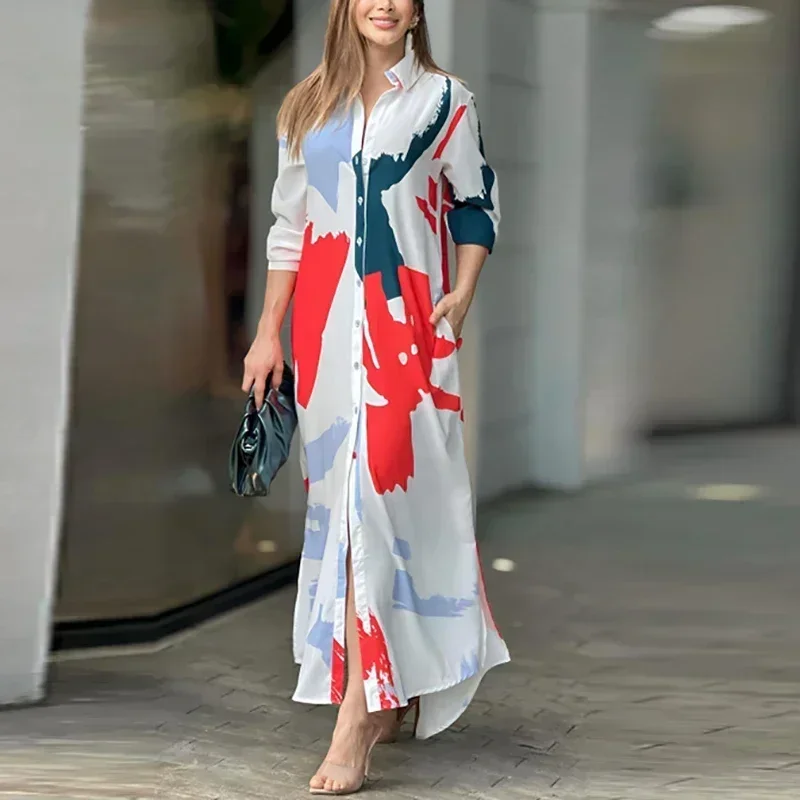 Women's Long Sleeve Printed Maxi Dress Turn Down Collar Long Shirt DressesCasual Loose Button Party DressesSpring and Autumn Fas