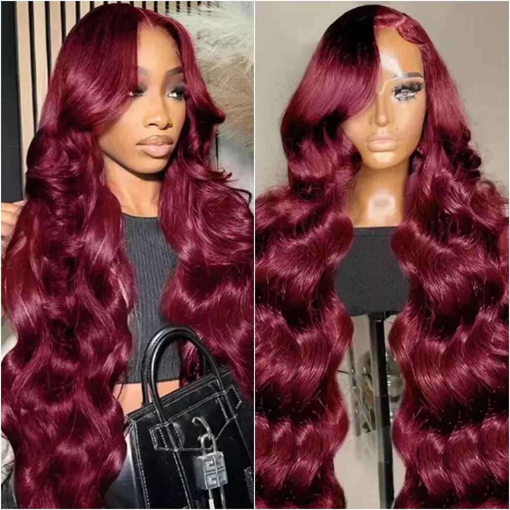 

30 40 Inches 99J Burgundy Body Wave Lace Frontal Wig Human Hair 220 Density 13x4 13x6 HD Transparent Lace Front Wigs for Women
