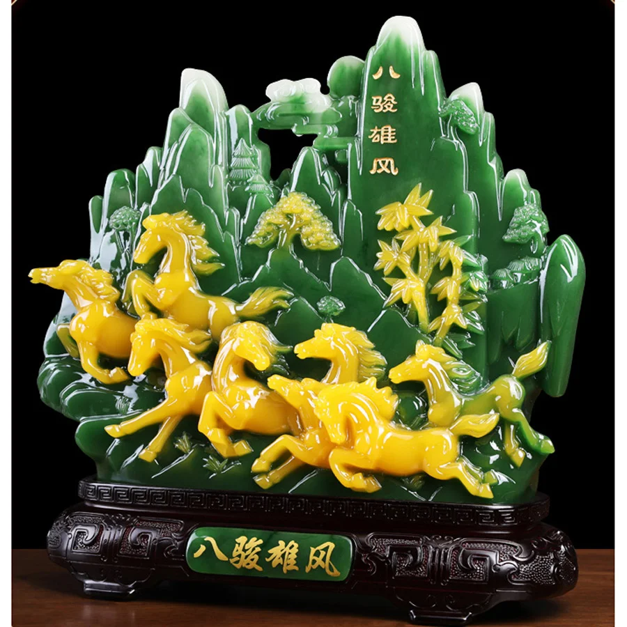 HOT SALE 2022 Home store Company TOP GOOD business decorative art  Success GOOD LUCK 8 HORSES Sculpture Statue RESIN JADE large