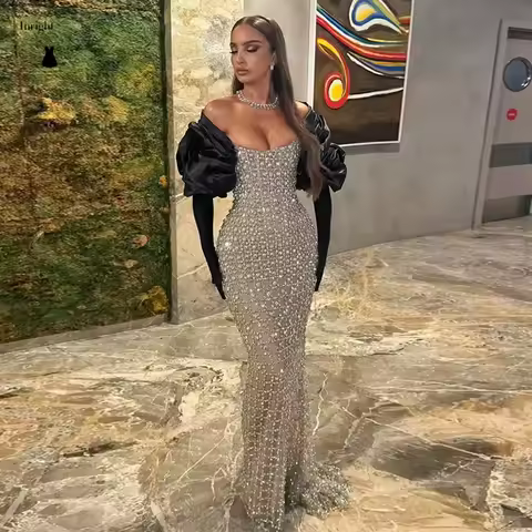 Inright Customized Luxury Sparkly Girl Prom Dresses Long Sleeves Strapless Beaded Diamonds Mermaid Women Evening Dress