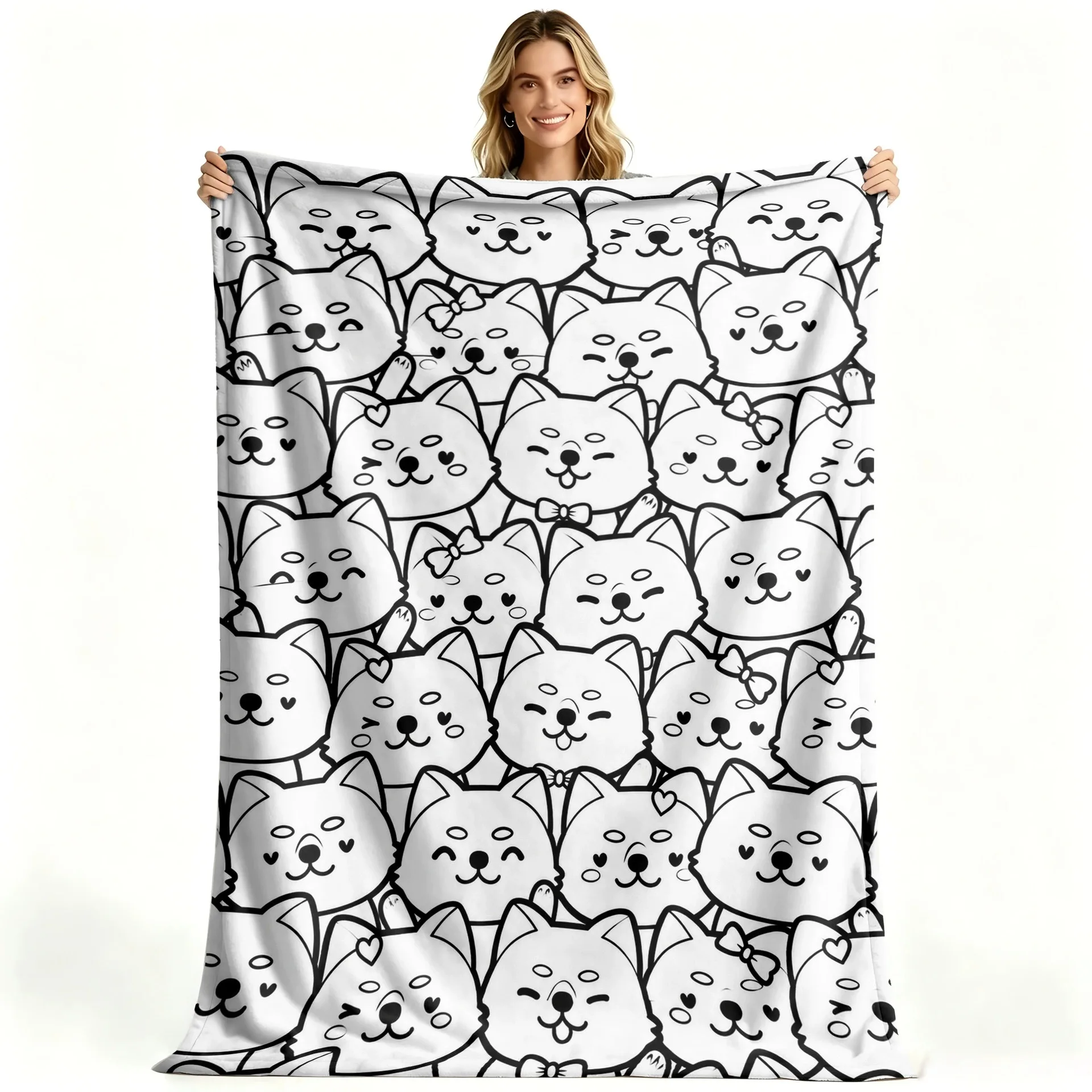 Shiba Inu Coloring Blanket Cute Kawaii Puppy Outline Blanket Portable Blanket for Children Play Time & Art