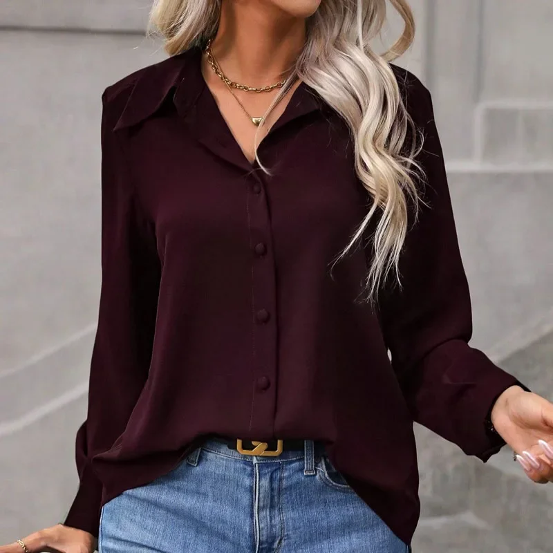 

Модная женская рубашка с отложным воротником, блузка с длинным рукавом, однотонная рубашка, блузка, женские топы, Camisas Blusa Camisas De Mujer Blusas Q869