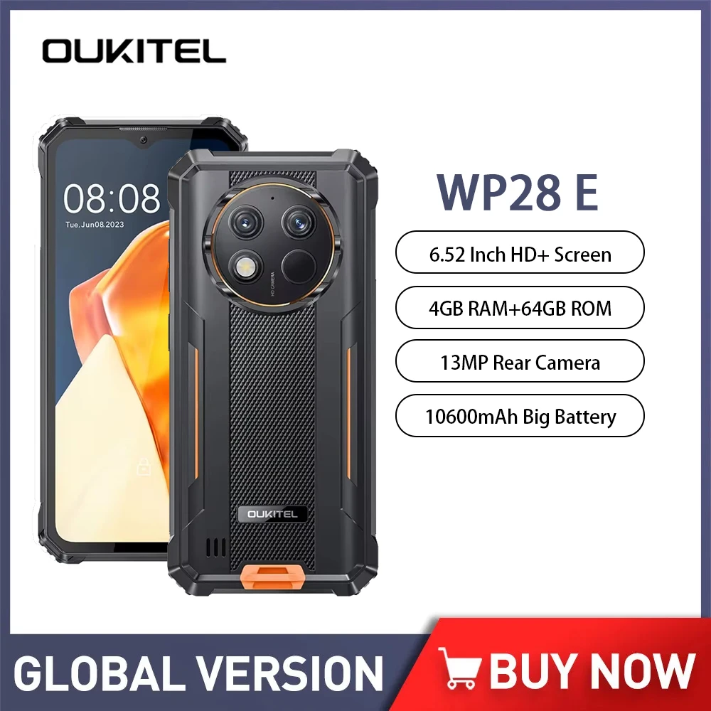 

Global Version Oukitel WP28E 4G Rugged Smartphone Android14 6.52 Inch HD+ 4GB RAM+64GB ROM Mobile Phone 10600mAh 13MP Cellphone