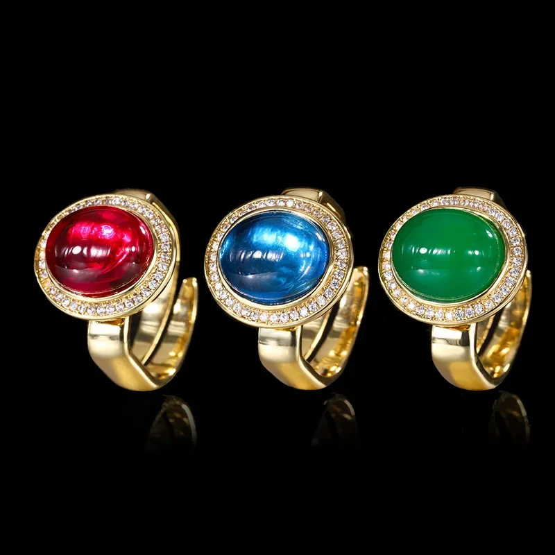 

Adjustable Gold Plated Oval Gemstone Rings Elegant Red Blue Green Stones with Crystal Accents Vintage Cocktail Style Jewelry