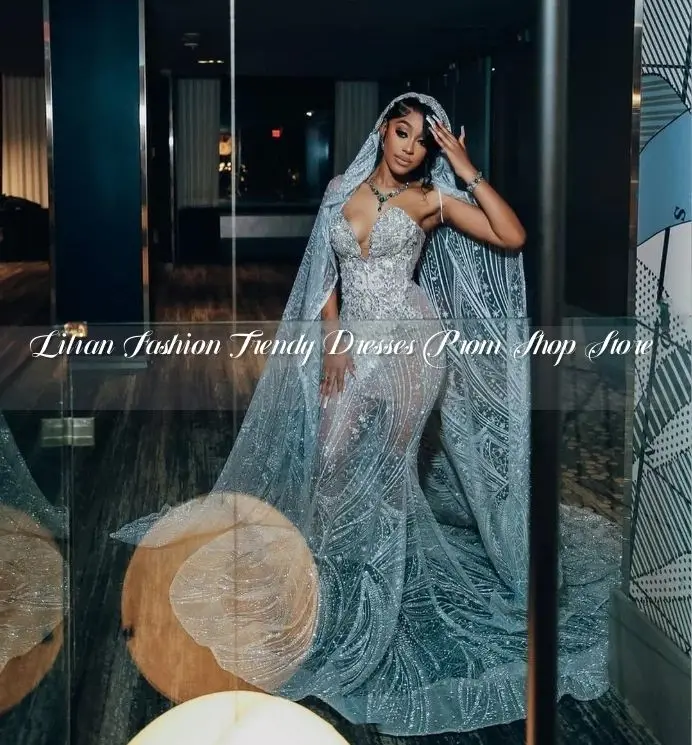 

Silver Gorgeous African Mermaid Prom Gowns Hijab Not Included Sexy Sheath Inlaid Sequins See Through Mesh Party Dresses Custom
