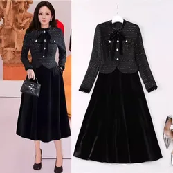 2024 Runway Autumn Winter Tweed Patchwork Velvet Midi Dress Elegant Women Long Sleeve Bowknot Fake Two Piece Party Midi Vestidos