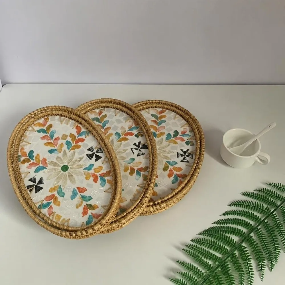 3Pcs Plant Fiber Serving Tray Woven Texture Breathable Structure Storage Tray Flat Tray Sturdy Serving Platter Living Room