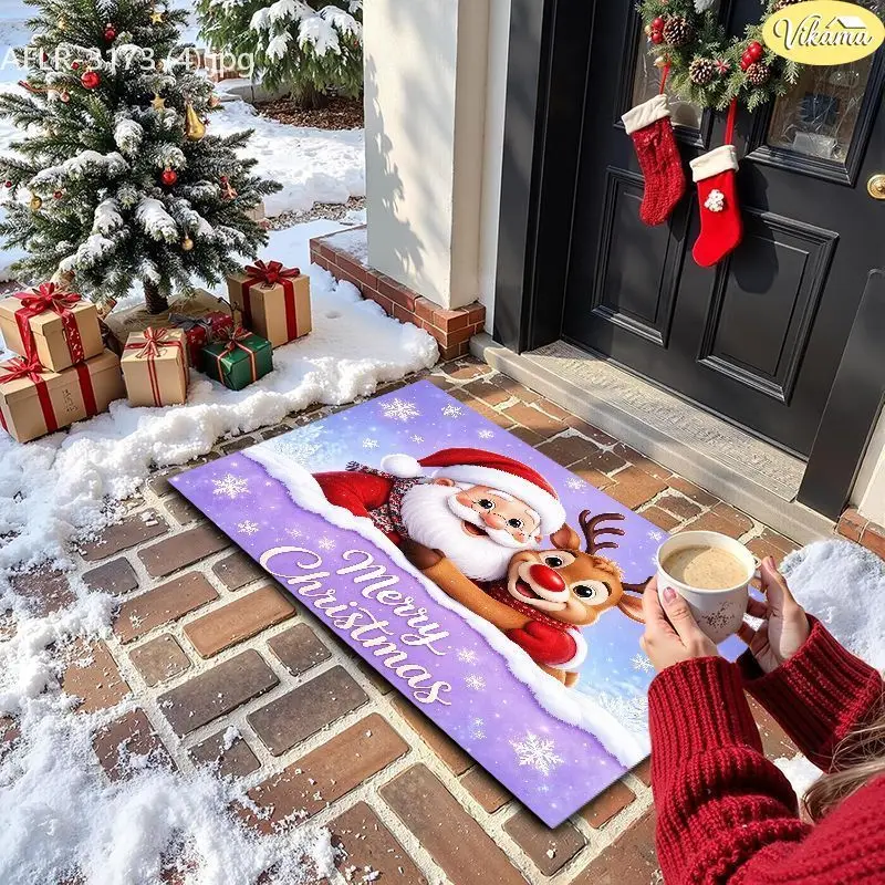 VIKAMA Zebra Stripe HO HO HO Entryway Rug Non Slip Low Profile Mats for Outside Front Door Xmas Holiday Decor Washable