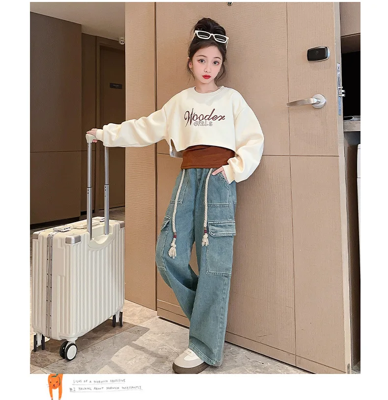 Girls Trousers Jeans Autumn Style Style 2024 New Large Children Jeans Korean Simple Style Pants Simple Casual Bottoms Kid