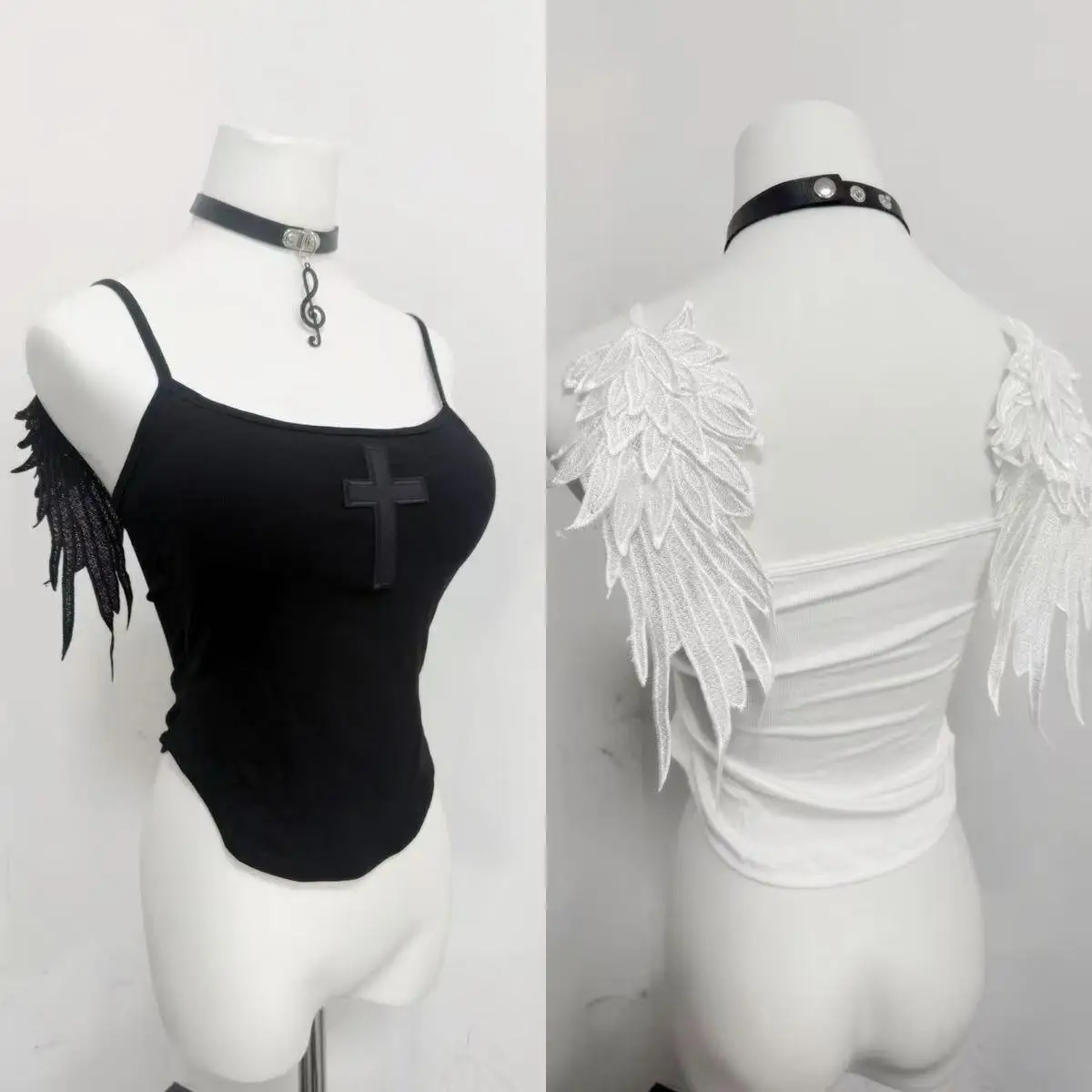 Débardeur court Y2K pour femme, style gothique, avec ailes d'ange brodées et croix, bretelles 3D en relief, dos nu, coupe ajustée, sexy, pour l'été