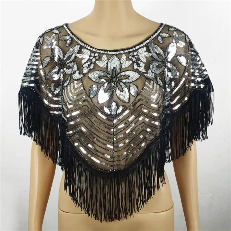 

31BF Elegant Embroidered Sequined Shawl for Formal Event Comfortable Fringed Shoulder Wrap for Evening Party Special Occasion