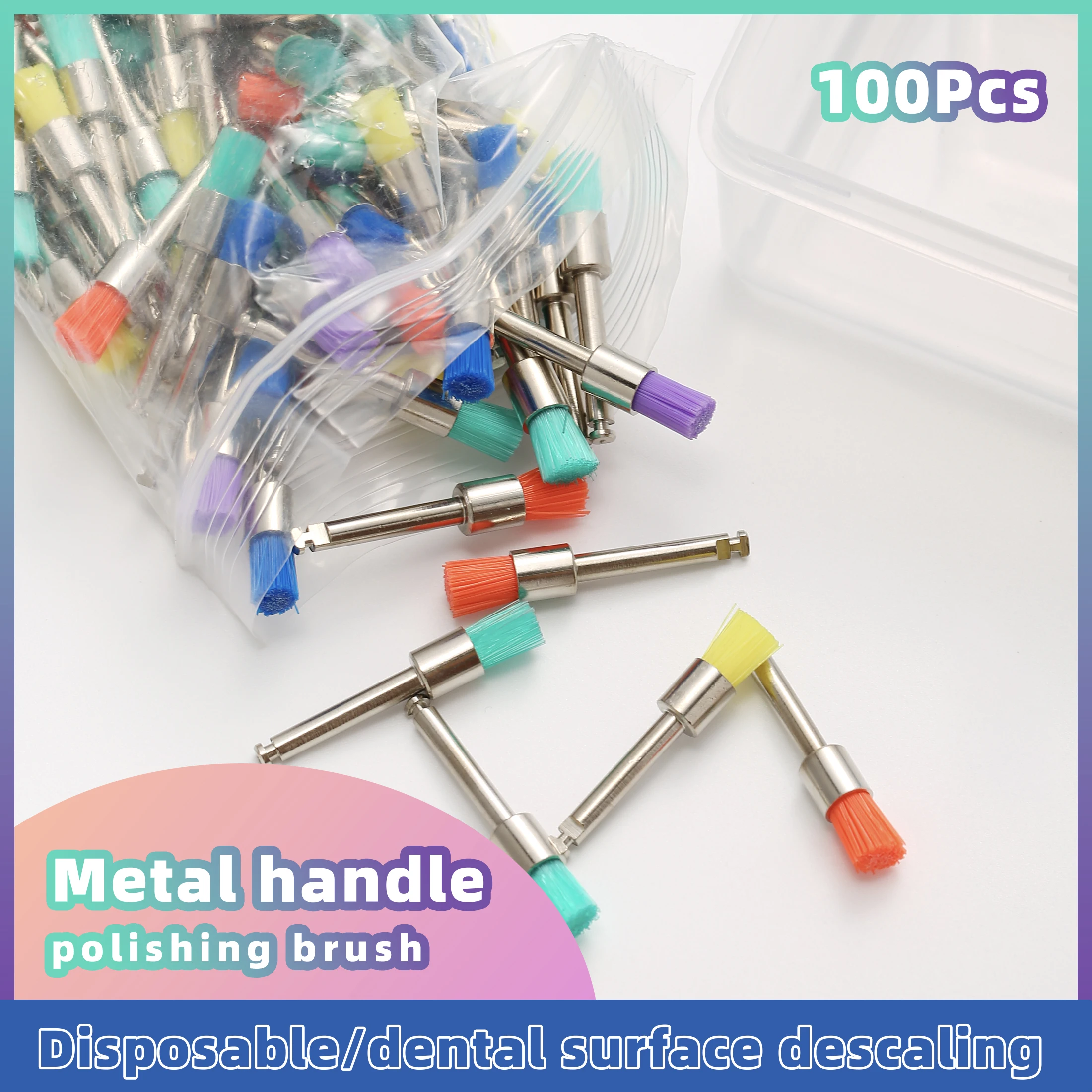 100Pcs Home Use Teeth Polishing Brushes Metal Handle Nylon Bristles Oral Cleaning Stain Removal Daily Teeth Care Tools