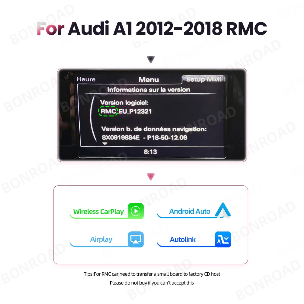 BONROAD Für Audi A1 Q3 2012-2018 RMC HNR Drahtlose CarPlay Android Auto Interface Adapter Mit Spiegel Link AirPlay Bluetooth