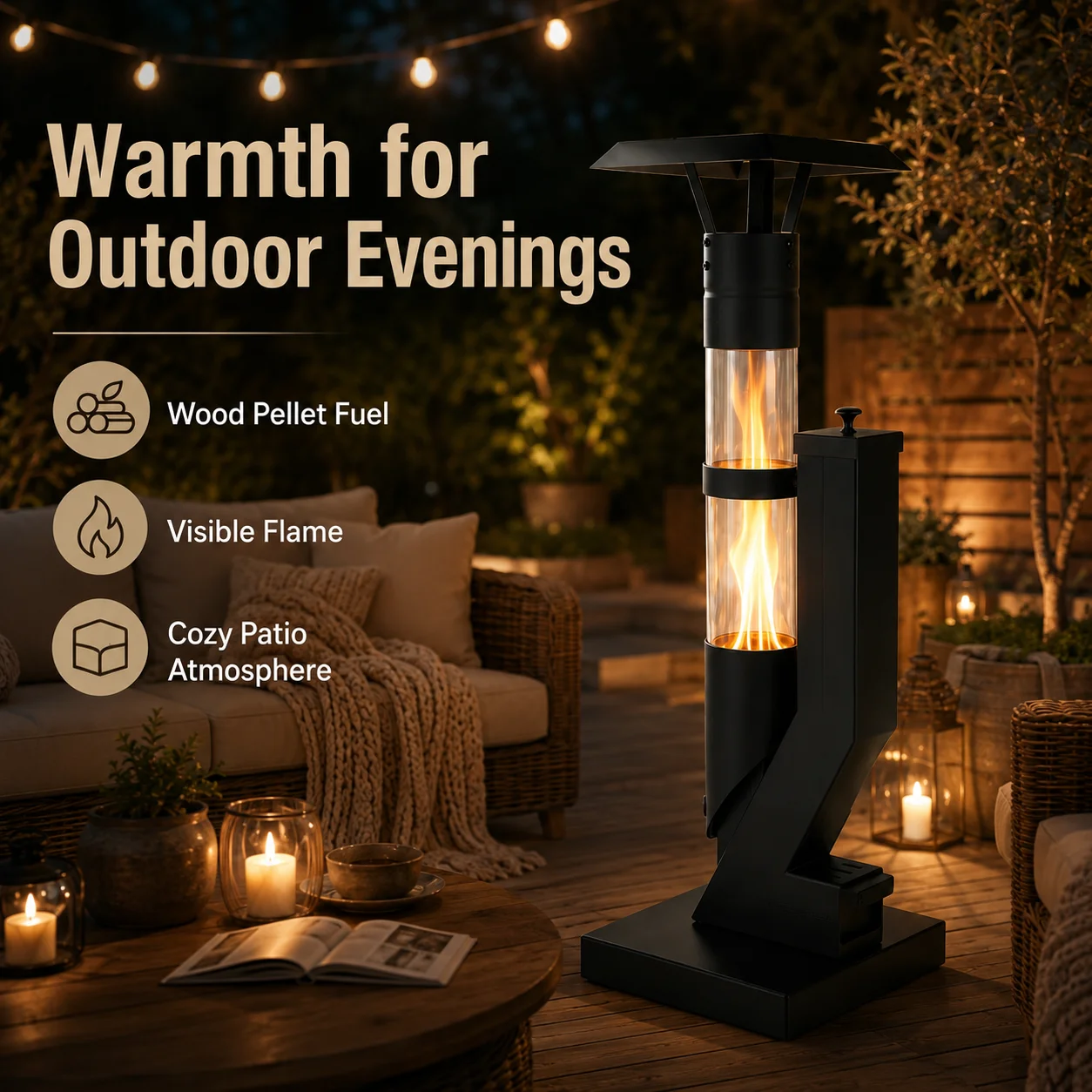 Modern Carbon Steel Pellet Patio Heater Freestanding Outdoor Heater for Garden Courtyard and Commercial Space