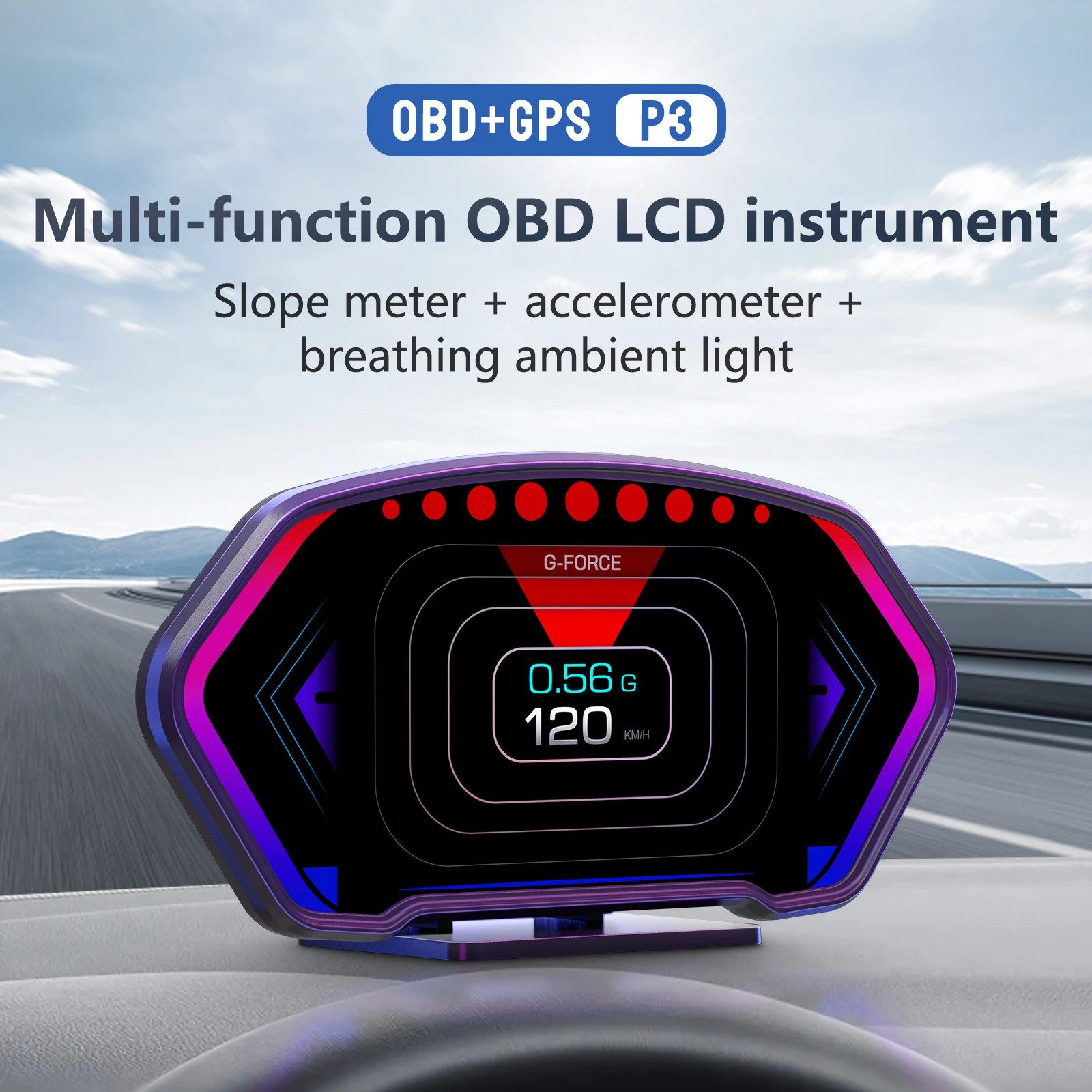 WiiYii P3 OBD2 Scanner Meter Multi-Function Speedometer Head-Up Display GPS HUD 6-inch LED Screen Type-C Connection Universal