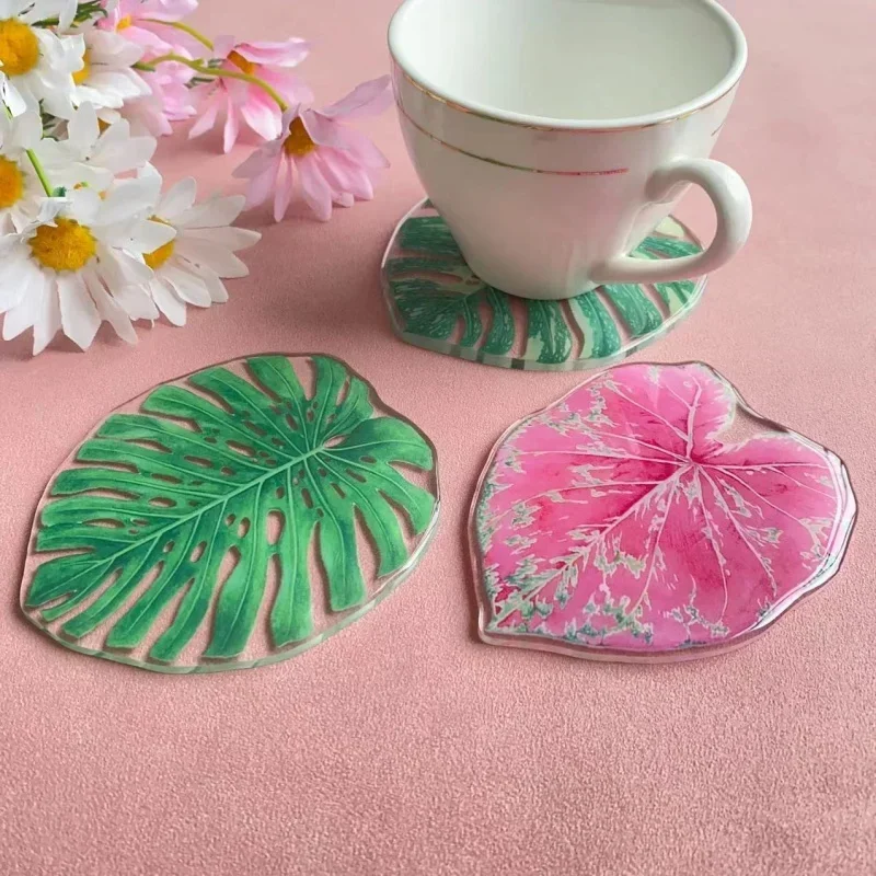 Leaf Coasters Acrylic Double Layer High Temperature Resistant Anti Slip Coffee Cup Mats Waterproof Kitchen Items Accessories