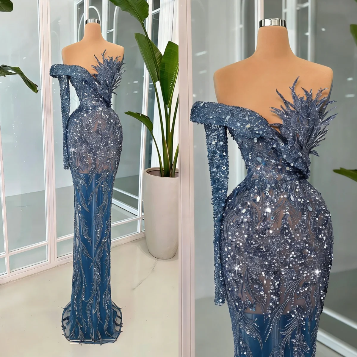 Exquisite Mermaid Evening Dress Beaded Strapless Long Sleeve Prom Gowns Sheath Sequins Floor Length Party Dresses Customized
