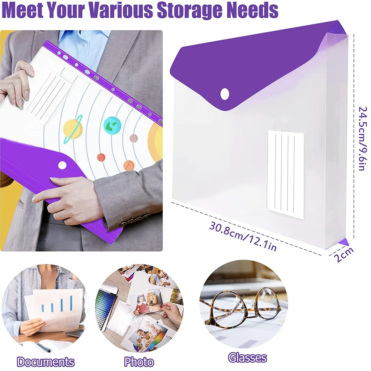 AED6-12 Pcs A4 Binder Pocket Expandable Envelopes Clear Plastic Envelopes For Ring Binder Folder, Snap Button