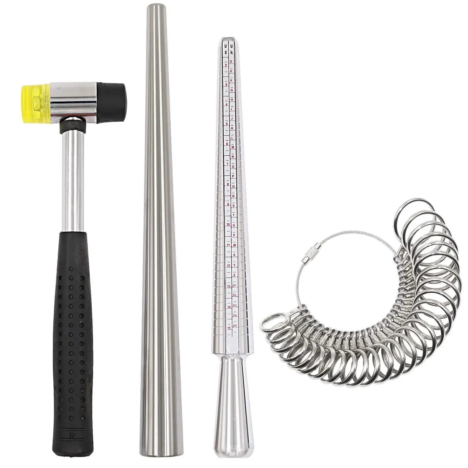 Ring Mandrel Sizer Tool with Metal Mandrel Finger Sizing Measuring Stick Ring Sizer Guage 27 Pcs Circle Models   Rubber Hammer