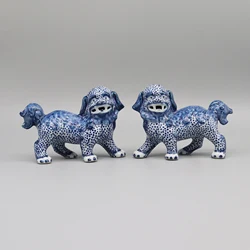 Pair of Walking Lion Statues, Collectible Blue and White Ceramics, Home Decoration