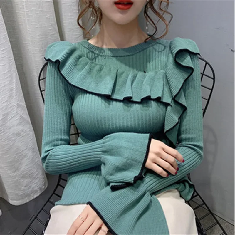 Female Black Sexy Ruffled Pullover Sweater Korean Fashion O Neck Retro Short Slim Knitting Sweaters Women 2023 New Autumn Winter