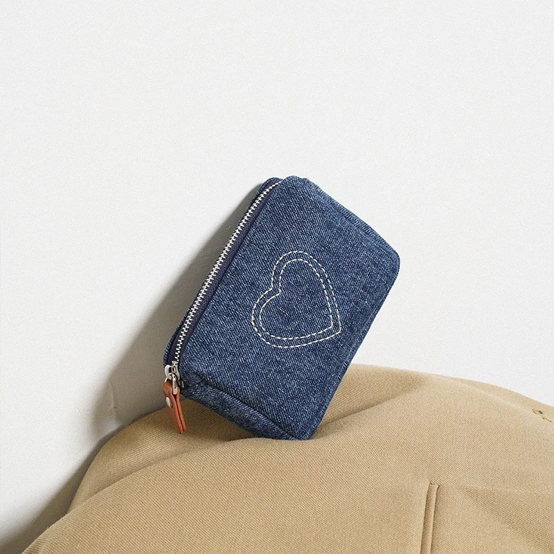 New Portable Stain Resistant Denim Heart Embroidery Wallet Card Purse Coin Pouch For Women
