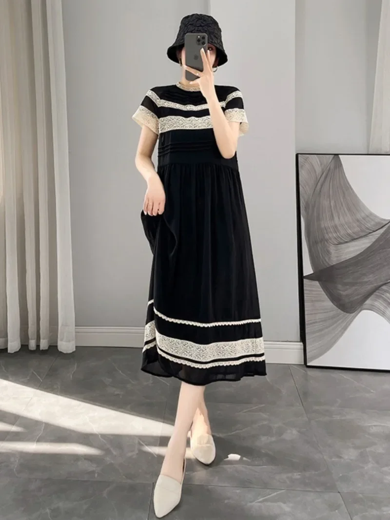 

New Korean Fashion Design Summer Dress Lace Patchwork O-neck Short Sleeve Knitted Casual Loose Long Dresses Black Vestidos