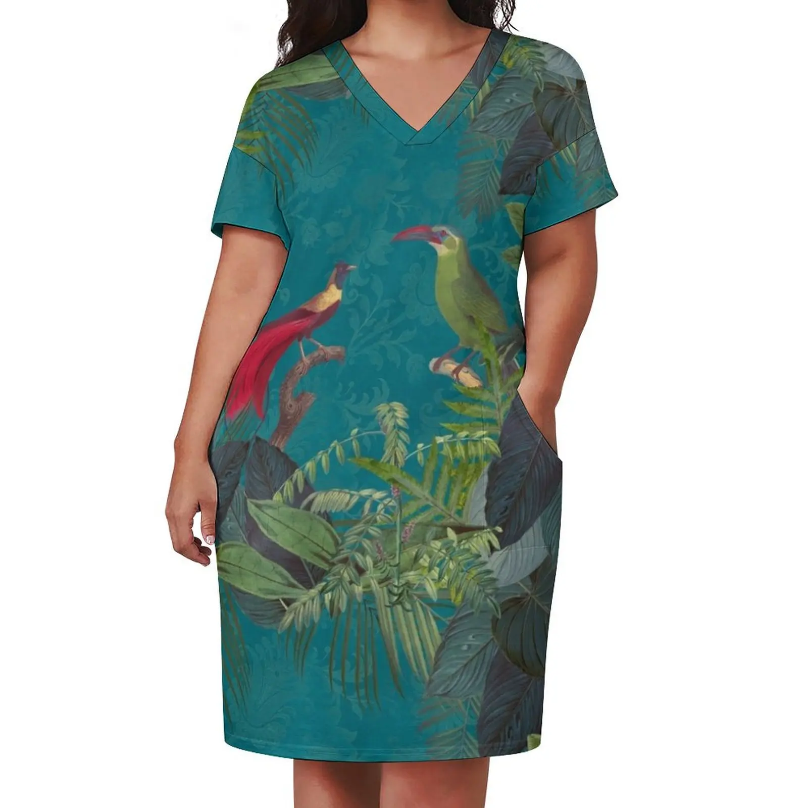 Birds Of Jungle Vintage Botanical Illustration Loose Pocket Dress Women