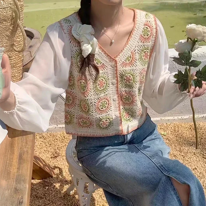 

Granny Square Crochet Top with Puff Sleeve Button Down Openwork Knit Cardigan Blouse Summer Boho Chic Beach Vacation Outfit