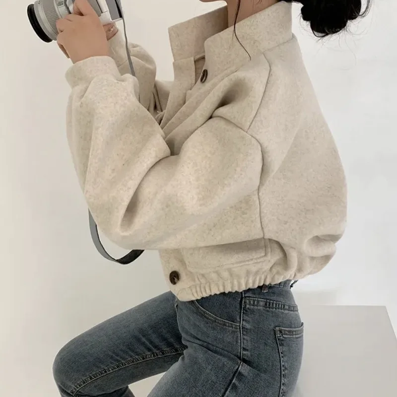 

Women Fashion Stand Collar Woolen Jacket Single Breasted Long Sleeve Female Coat 2025 Autumn Chic Street Office Short Outerwears