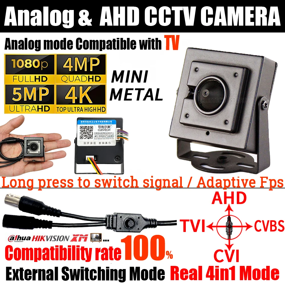 

AHD/TVI/CVI/Analog 4in1 Super Mini 5MP 1080P 4K CCTV Mini Camera 3.7mm Cone Lens OSD Menu Micro Small Security Monitor Bracket