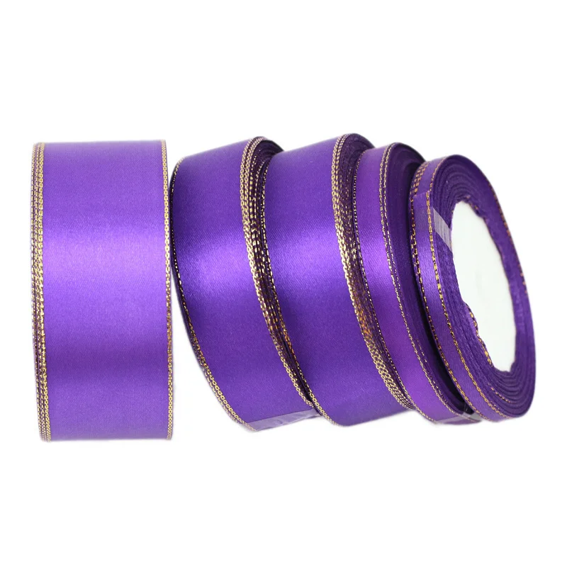 (25 Yards/roll) Purple Gold Edge Satin Ribbon Wholesale Handmade DIY Gift Christmas Ribbons (6/10/20/25/40mm)