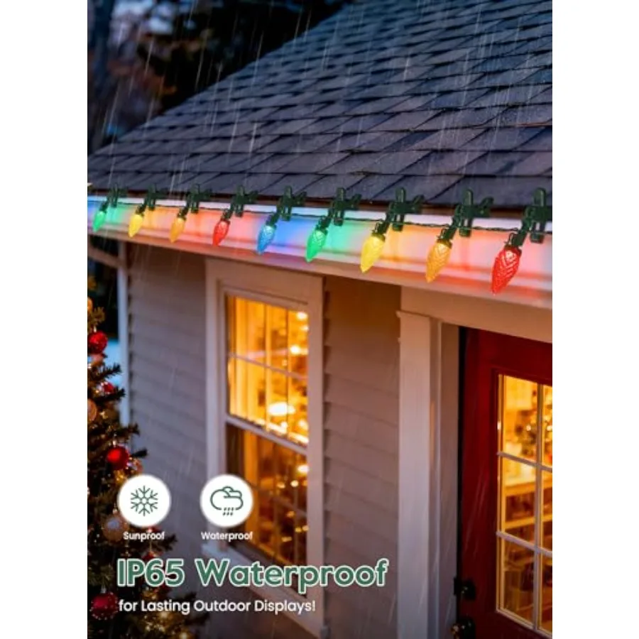 Outdoor Christmas lights: C9, 102FT, 150 LED, white bulbs, weatherproof PVC, energy-efficient, with spring clips for easy mount