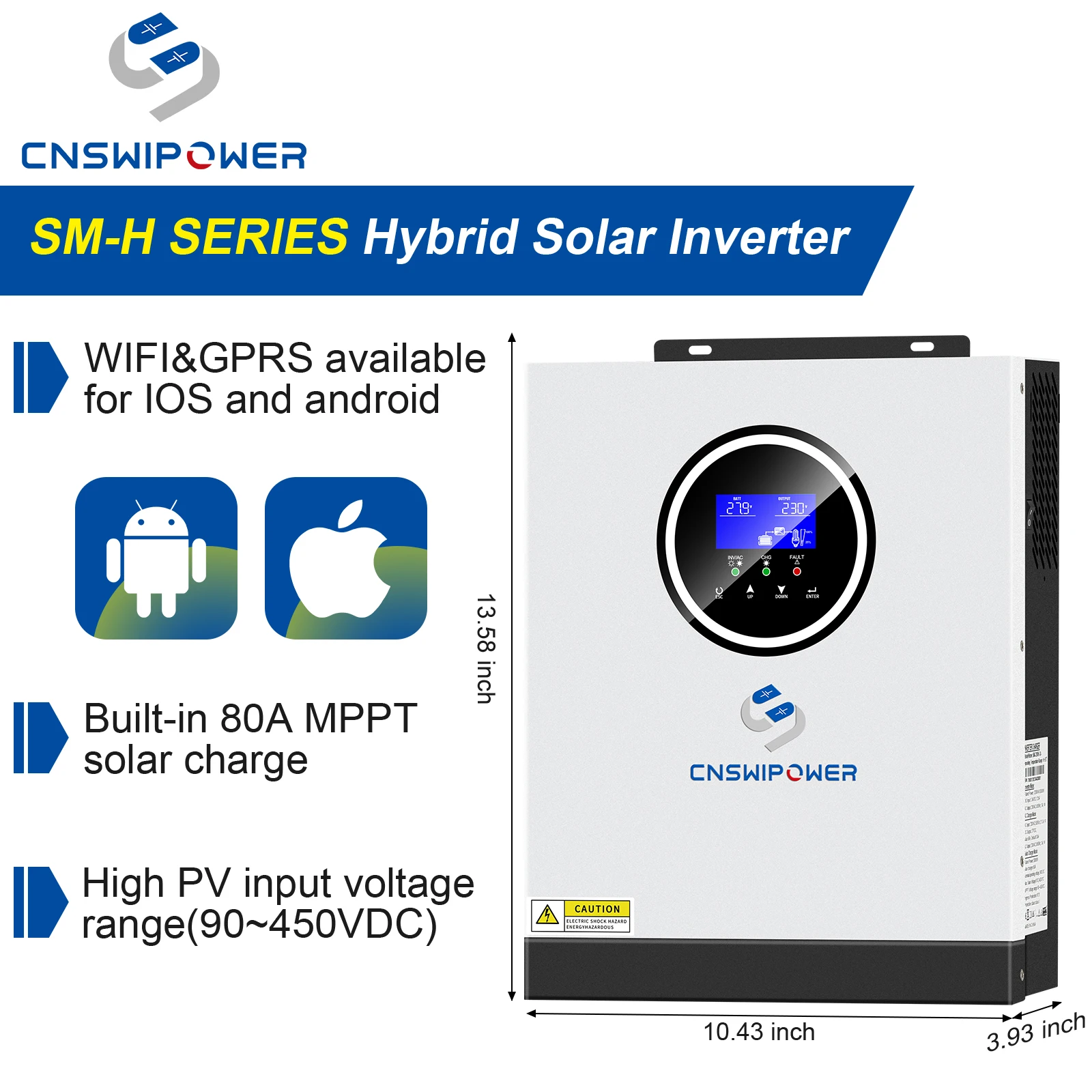 CNSWIPOWER Hybrid solar inverter 24V 220V-240V 3200VA 3000W Built-in 80A MPPT controller LCD screen