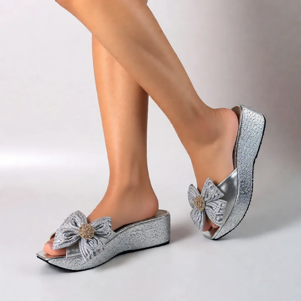 Fashionable Lady Bling Platform Slippers with Bows,Women Party Shoes Comfortable Good Quality High Heel Slippers F6-304-3