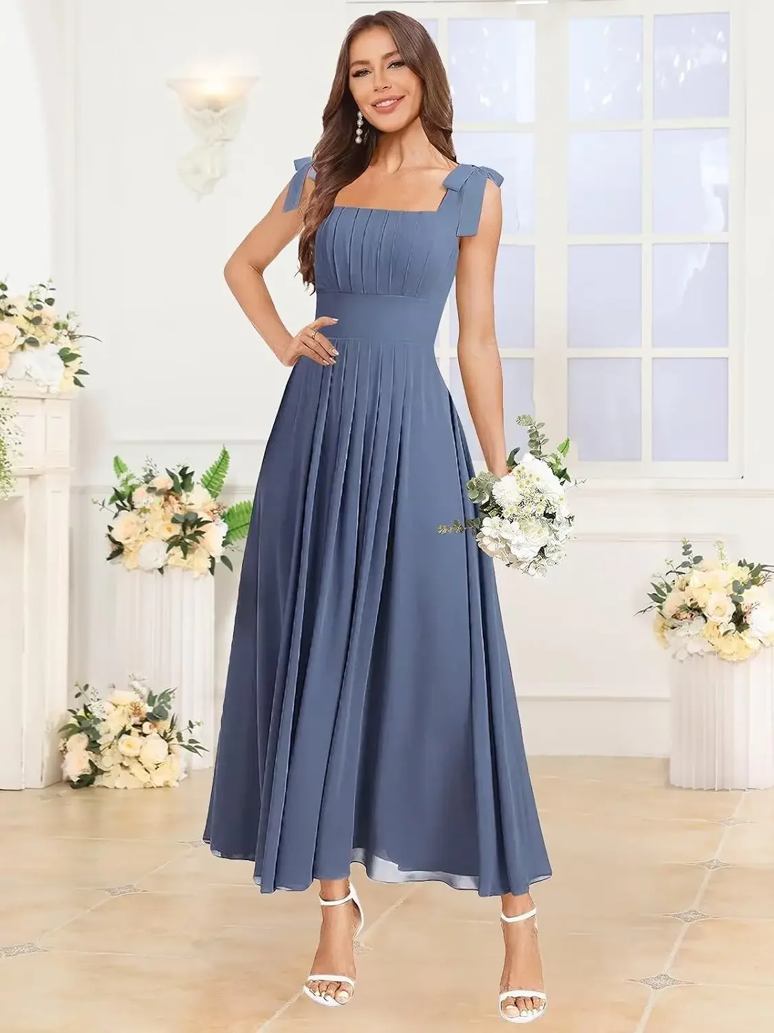 Tea Length Chiffon Bridesmaid Dresses for Women Spaghetti Straps Square Neck Formal Evening Gown Party Dresses Ball Gown