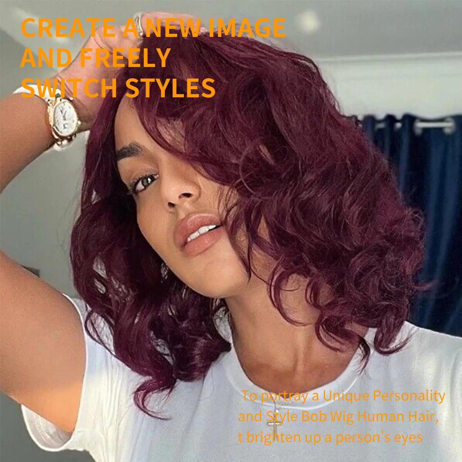 16inch 5x5 Full Lace Frontal Spring Bouncy Curly Human Hair Wigs 180% Density Burgundy 99J Short Loose Wave Bob Wig PrePlucked image 4