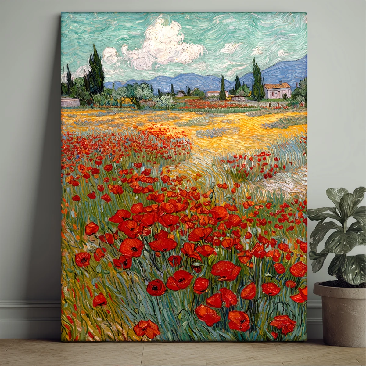 1pc Framed Vincent Van Gogh Poppy Field Canvas Print - Manga-Style Wall Art with Wrap-Around Wood Frame, Hook/Paste Installat