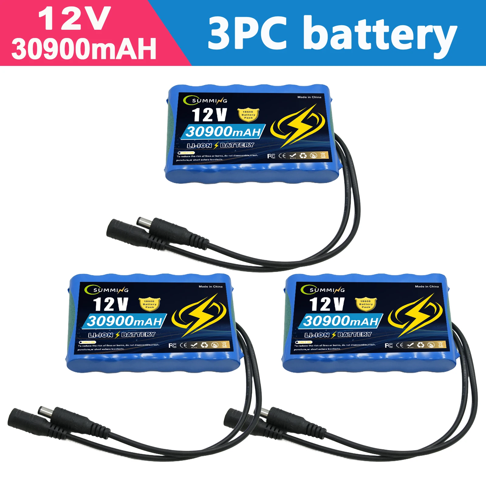 

12V 30900mah Rechargeable Battery Pack Lithium Ion DC 12.6v BatteryFor LED Lamp Light Backup Powe Etc,CCTV Cam Monitor