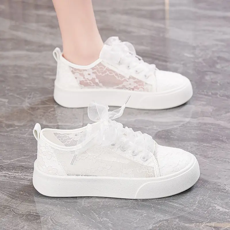 

​Breathable Mesh White Sneakers for Women 2025 Summer New Release Thick Sole Lace Hollow Out Casual Shoes for Women