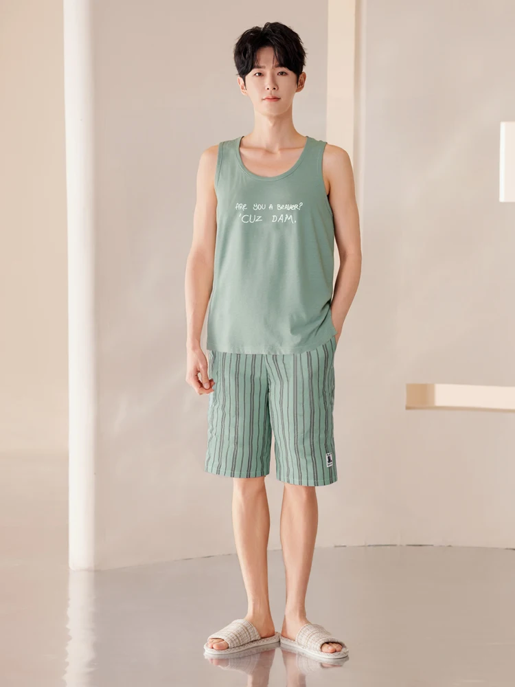 Conjunto de Pijama de Verano Informal para Hombre Doral, Chaleco de Algodón y Pantalones Cortos, Ropa para el Hogar, Estilo Juvenil, Cuello Redondo, Manga Corta, para Usar al Aire Libre