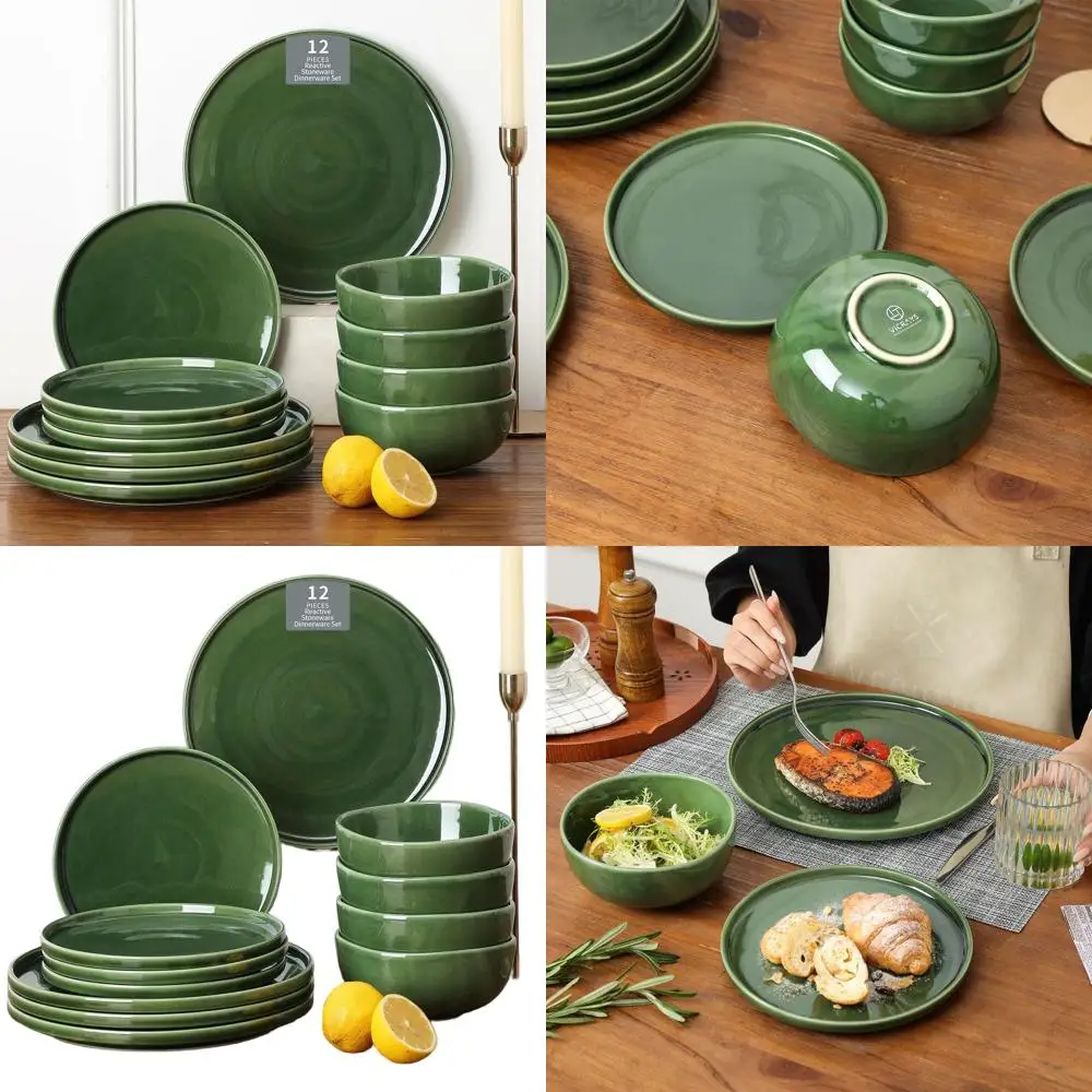 

12-Piece Green Dinnerware Set: 4 Dinner Plates, 4 Salad Plates, 4 Cereal Bowls - Microwave & Dishwasher Safe