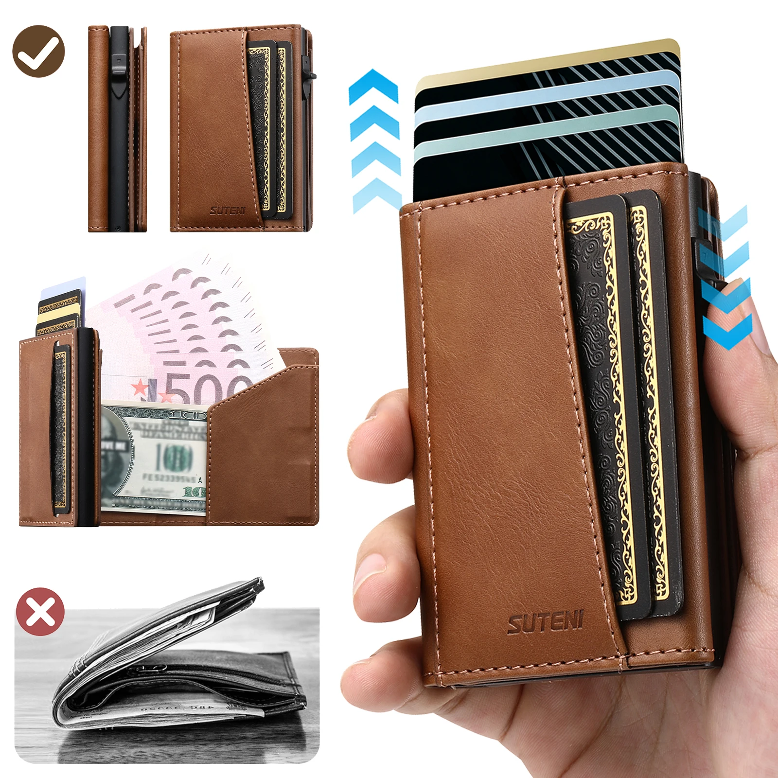 Men's Business Tri-fold Push Out Card Leather Wallet Ultra Thin Multi Card Slots RFID Blocking Photo ID Window Metal Card Case