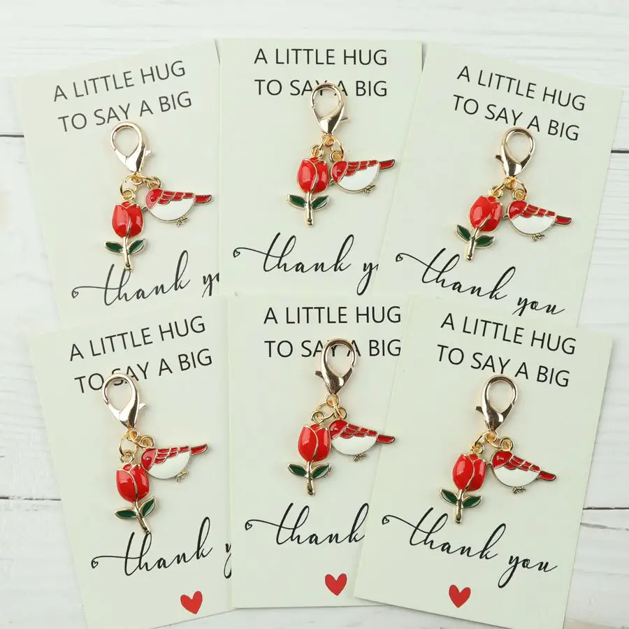1 PC/3 PCS/6 PCS Red Luo Bing Bird and Tulip Keychain, Includes a Thank-You Card. Suitable as a Gift.